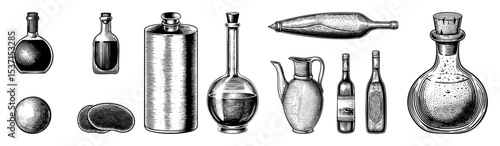 Vector Vintage glass bottles collection detailed engraved .