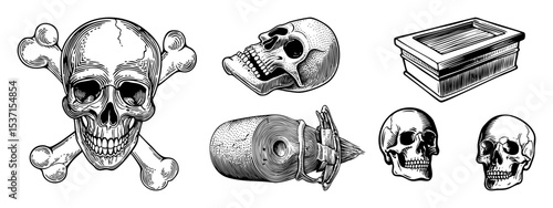 Vector Vintage skulls helmet and box set in engraving style.