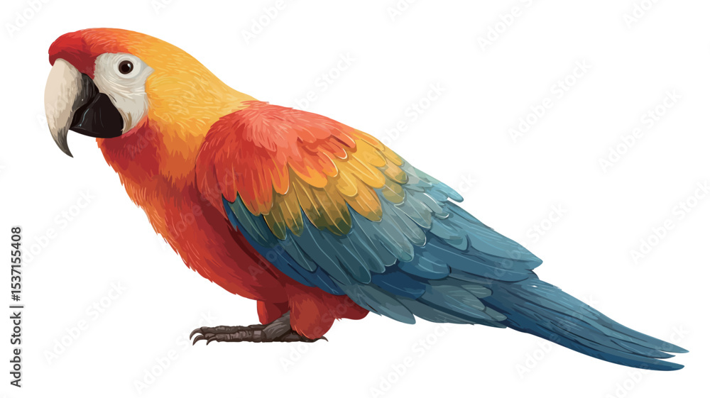 Fototapeta premium A detailed digital illustration or painting of a macaw parrot. The bird is predominantly red, yellow, and blue with a prominent black beak and features. The image is set against a plain white