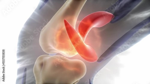 Detailed 3D medical animation showing a close-up of a human knee joint during a sudden twisting motion. When the knee rotates unnaturally under pressure, the medial meniscus tears