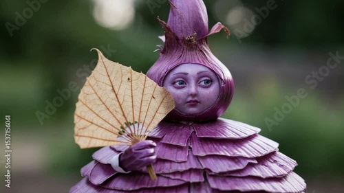 Whimsical purple figure holding a leaf fan in nature