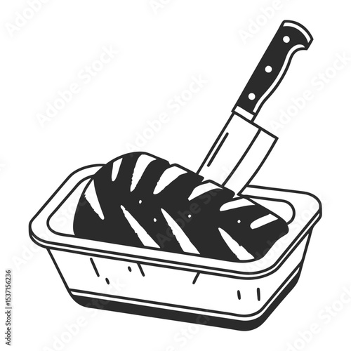 Meatloaf in a tray with knife silhouette illustration