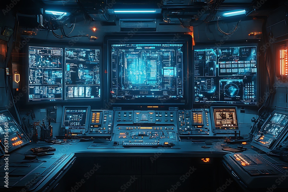 Obraz premium Futuristic control panel displaying complex data and systems in a sci-fi environment