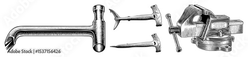Vector Detailed illustrations of vintage blacksmith tools including a hardy and a bench grinder.