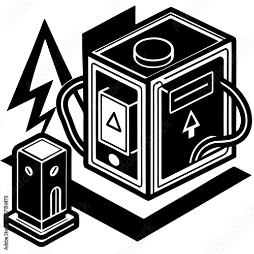 Isometric power bank silhouette with lightning bolt graphic silhouette