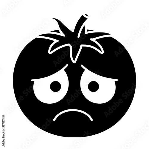 Sad Tomato Emoticon, Black and White Vector Illustration