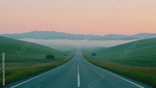 Empty road through misty hills at dawn