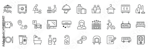 Hotel outline 30 icons set. Hotel universal set with Building, Parking, Meal. Hotel services, recreational rest, relax, travel. Vector illustration.