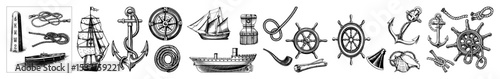 Vector Nautical elements collection featuring ships anchors and steering wheels in vintage style.