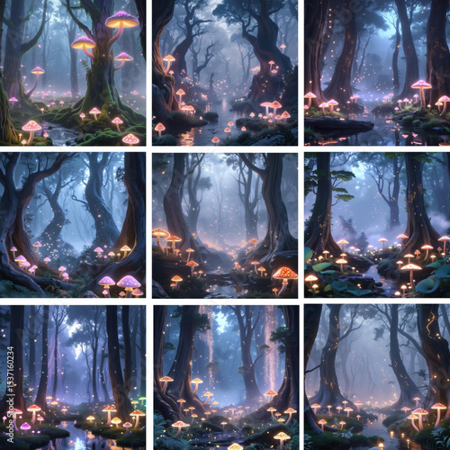 Enchanted mushroom forest landscape wallpaper glowing fungi fantasy woodland background magical nature scene art print