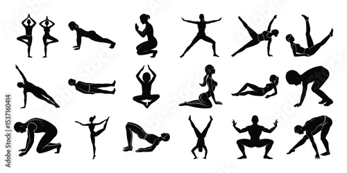 Man and women yoga poses, Silhouette vector Bundle on white background.
