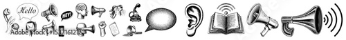 Vector Detailed of ears hearing devices and sound waves in vintage engraving style.
