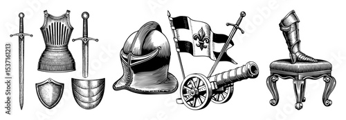 Vector Vintage knightly weaponry and armor collection in engraved style.