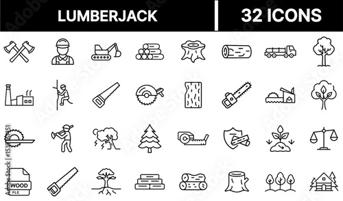 Lumberjack Icon – Woodcutter with Axe and Tree Cutting Symbol Illustration