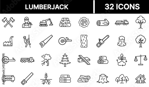 Lumberjack Icon – Woodcutter with Axe and Tree Cutting Symbol Illustration