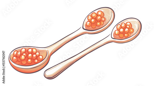 A digital illustration depicts two wooden spoons filled with orange caviar. The spoons are presented against a white background.  The caviar is depicted in a detailed, textured style with