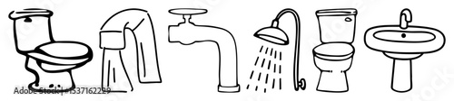 Vector Collection of diverse faucet and showerhead vector illustrations.