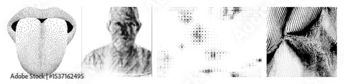 Vector Abstract portrait composed of halftone dots depicts a human face and form.