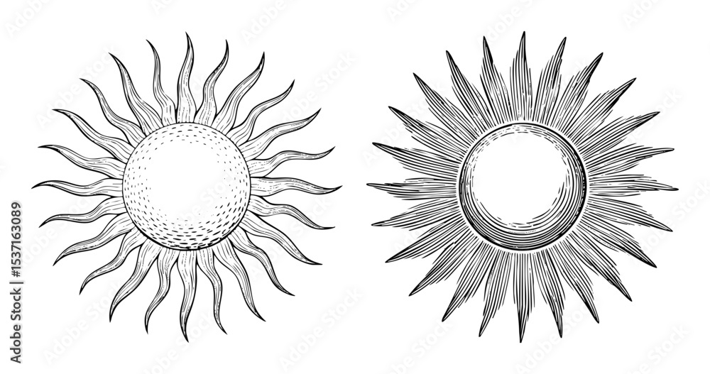 Fototapeta premium Vector Radiant sun illustrations with detailed rays showcase celestial energy.