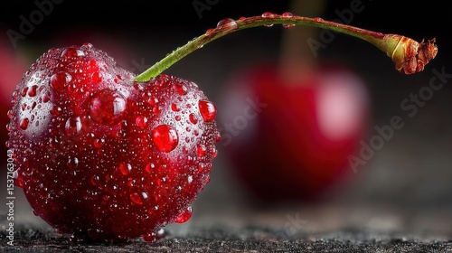 Close-up of cherry with water drops, showcasing freshness and rich color