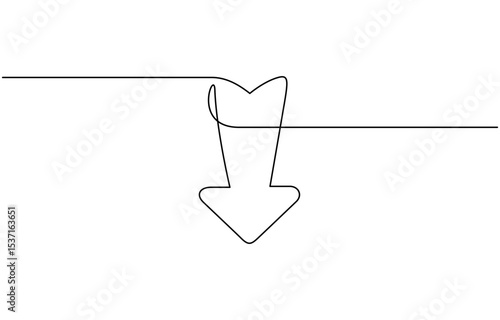 Continuous line download icon.drawing one line download sign, One line continuous drawing of arrow pointing down. Linear drawing of cursor arrow. Editable stroke. Vector.