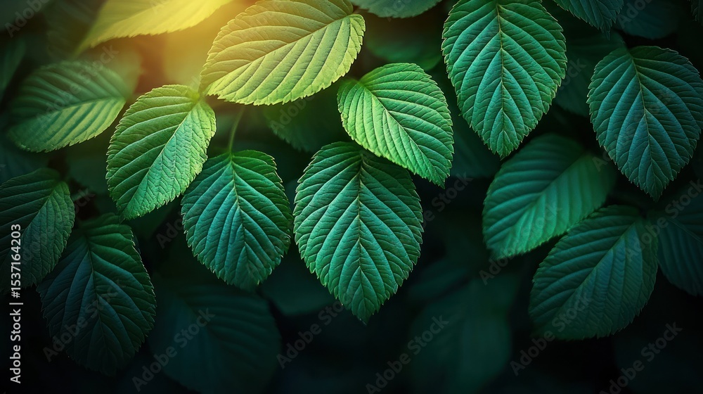 Fototapeta premium Close-up of vibrant green leaves, sunlit at top