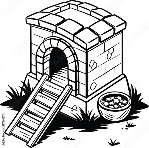 Stone hen house with ladder and bowl of eggs
