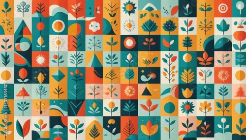 A vibrant pattern of stylized floral and natural elements in geometric squares.