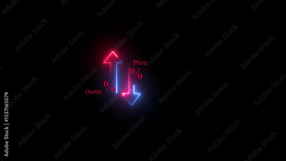 Quality control and company cost reduction. Cost and quality control concept . Percentage icon of quality with up arrow and cost with down arrow. Quality control and company cost reduction. Cost and quality control concept . Percentage icon of quality with up arrow and cost with down arrow.