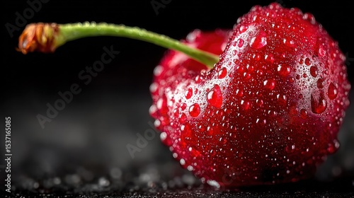 Ripe red cherry covered in morning dew, organic texture under moody lighting
