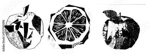 Vector Abstract fruit illustrations depict apples and citrus segments.