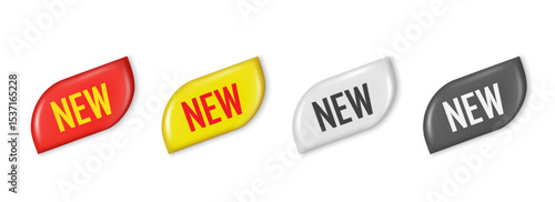New sticker label vector design. 3D Round sticker badge with new product. Advertising discounts symbol. Promotion for advertisement, special offer, best choice. Trendy and modern vector in 3d style.