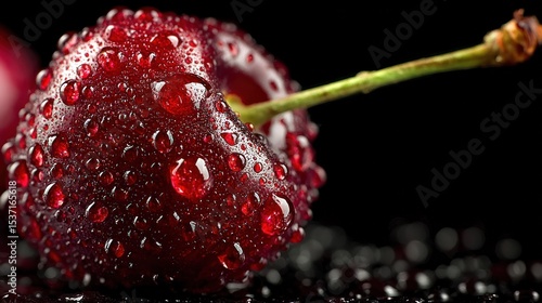 Fresh cherry with sparkling water droplets on dark surface, symbolizing natural sweetness and vitality