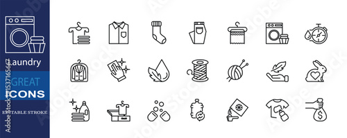 This laundry icon set features 21 editable stroke . It includes clothes, washing machines, cleaning tools, natural fabrics. Ideal for laundry services, and sustainable washing product packaging.