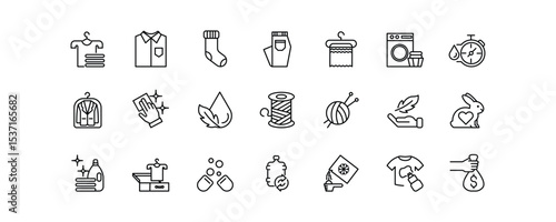 This laundry icon set features 21 editable stroke . It includes clothes, washing machines, cleaning tools, natural fabrics. Ideal for laundry services, and sustainable washing product packaging.