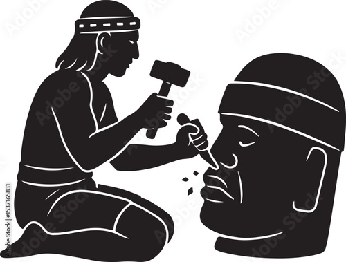 A Olmec Jade Carver shaping a colossal head
