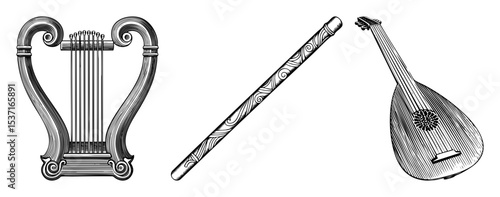 Vector Vintage musical instruments featuring a harp flute and lute.