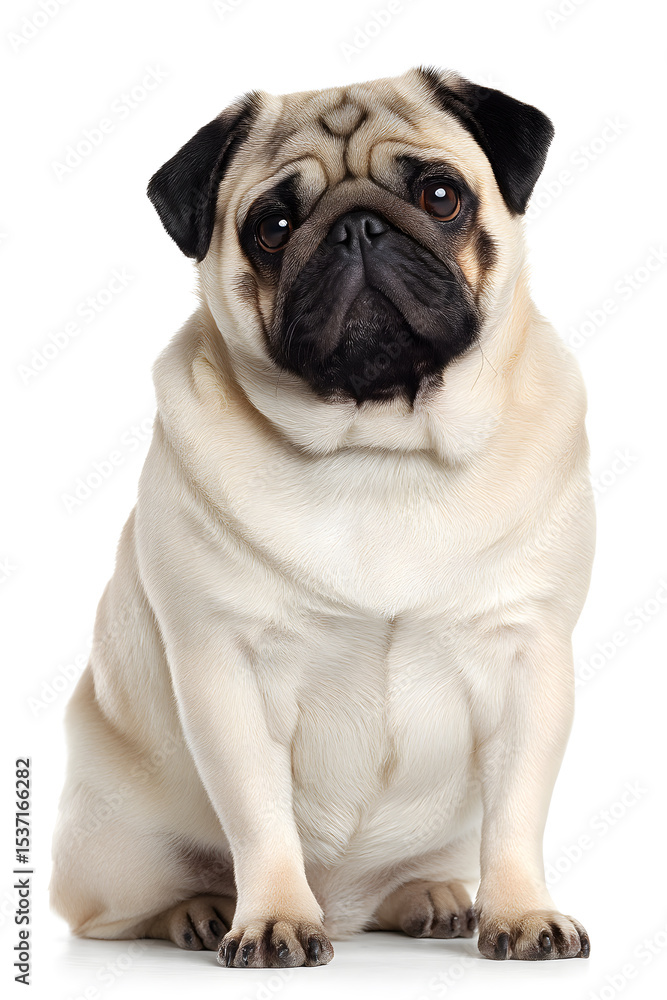 A friendly pug sits patiently, showcasing its round face and curious eyes in a warm indoor atmosphere A friendly pug sits patiently, showcasing its round face and curious eyes in a warm indoor atmosphere