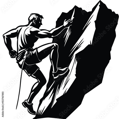 Rock Climbing A Silhouette Illustration of a Climber Scaling a Rugged Cliff Face