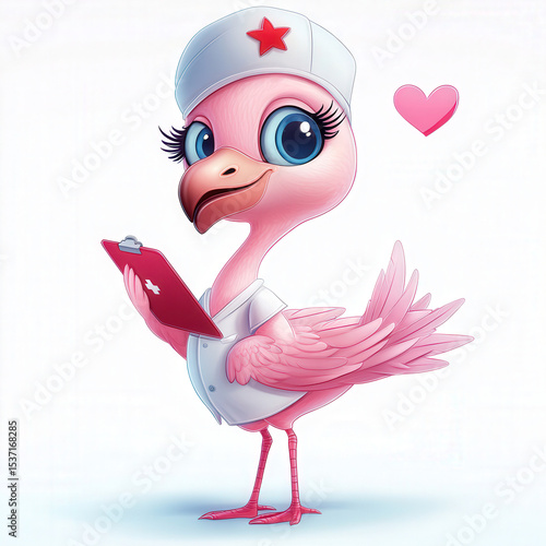 Adorable flamingo nurse cartoon illustration