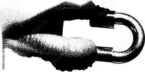 High contrast image of hand holding broken padlock shackle for security concepts