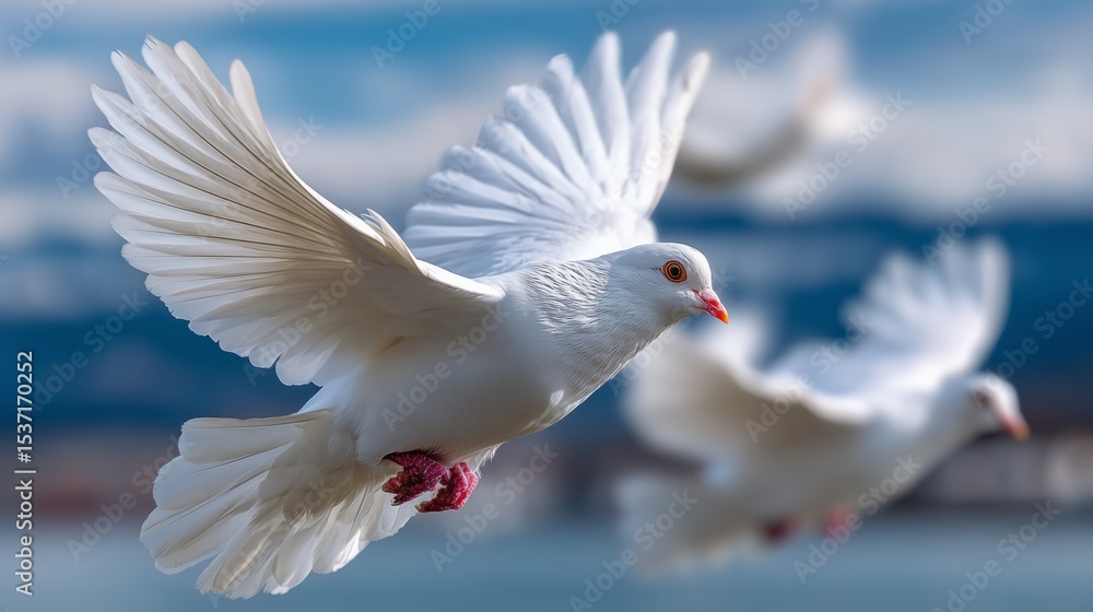 Obraz premium Graceful white doves in flight serene waterfront wildlife photography bright day close-up view freedom symbolism