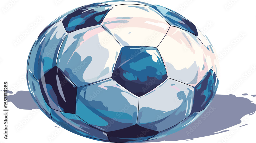 Naklejka premium A digital illustration of a soccer ball. The ball is predominantly white with blue pentagonal panels. The style is painterly, with visible brushstrokes and shading creating a glossy effect