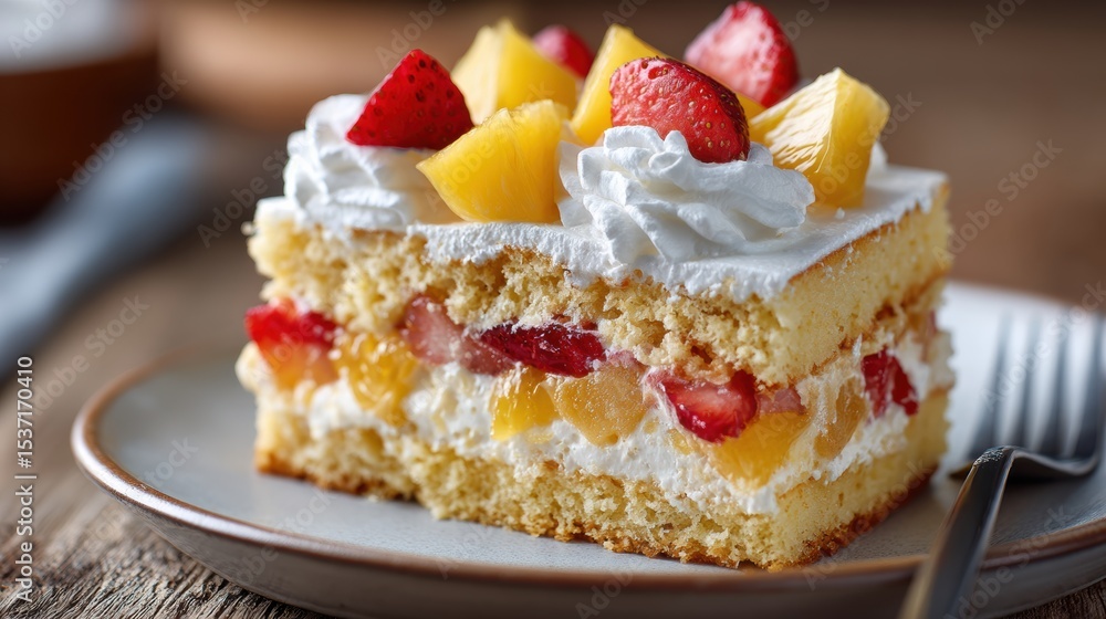 Delicious Mexican tres leches birthday cake with fresh fruit and whipped cream on a rustic wooden table Delicious Mexican tres leches birthday cake with fresh fruit and whipped cream on a rustic wooden table