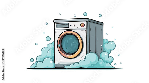 A cartoon illustration of a washing machine surrounded by light blue soap suds. The washing machine is depicted in a simplified style with a white body, grey top and a circular door with a