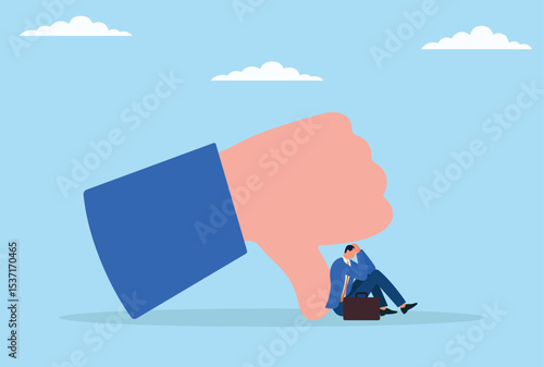 Vector illustration of a depressed businessman sitting beneath a giant dislike icon, symbolizing the emotional impact of harsh criticism and negative feedback in the professional world
