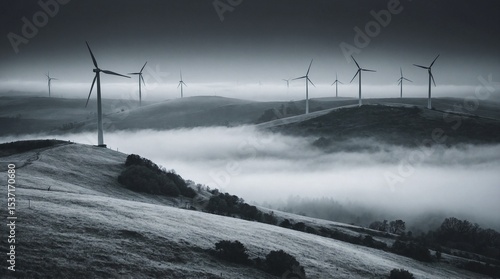 Wind Turbine on Foggy Hilltop Landscape