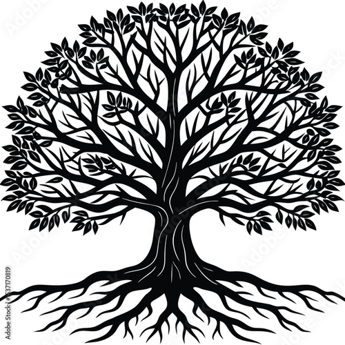 Majestic Oak Tree Silhouette Roots, Branches, and Leaves Illustration