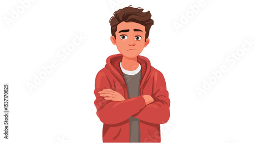 A digital illustration depicting a young man with brown hair wearing a red hoodie. His arms are crossed across his chest, and he has a serious, pensive expression on his face. 