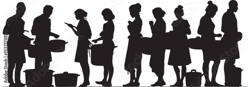 Silhouette of People Queuing for Food. Charity and Community Service Line Art.